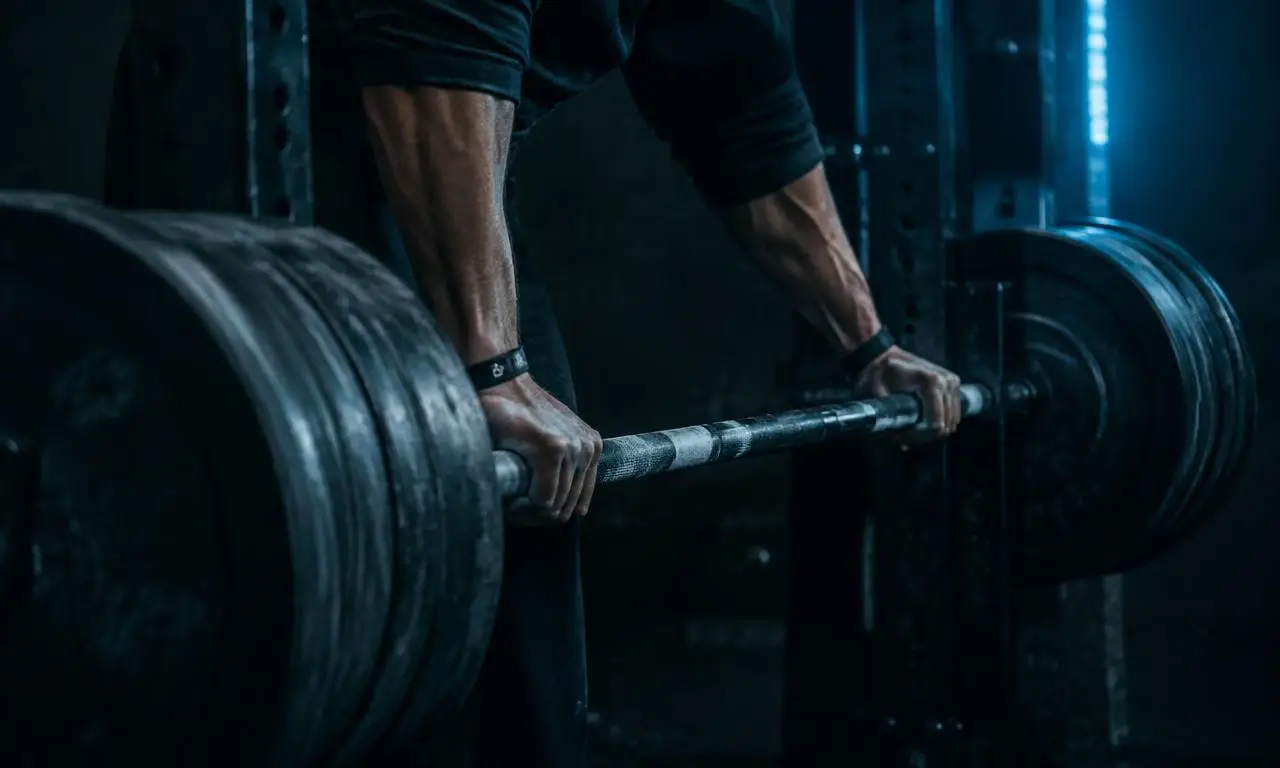 Hands gripping a loaded barbell in a dark gym