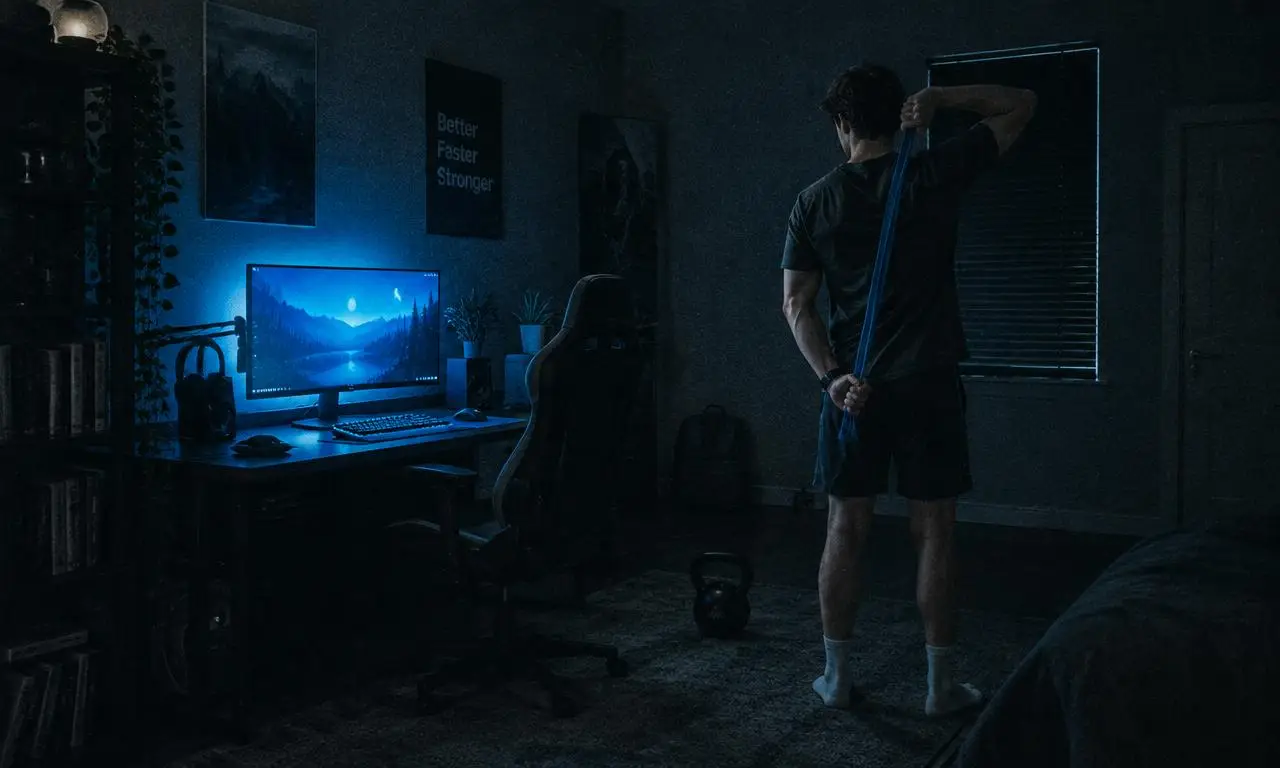 Gamer stretching with a band next to their desk setup
