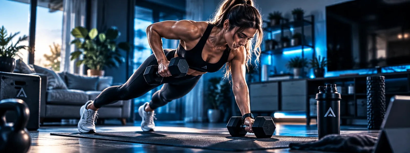 Dumbbell renegade row on a mat in a living room